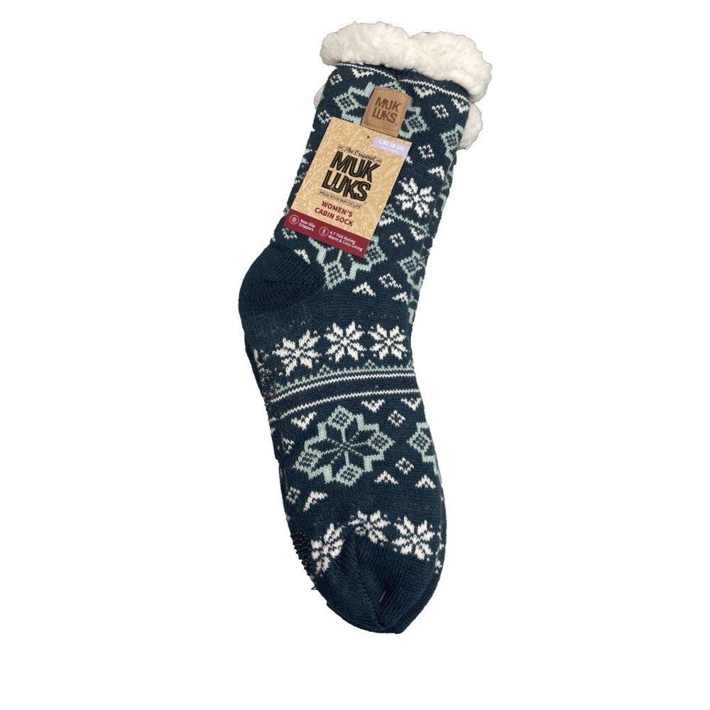 MUK LUKS Cabin Socks Blue Knit Faux Fur Fleece Lined Socks Womens L/XL 8-10